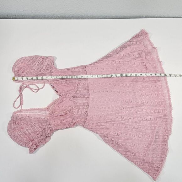 Urban Outfitters Roxie Lace Mini Dress Pink Sheer Puff Sleeve Fit Flare Size S - Picture 6 of 6